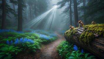 Squirrels in Foggy Forest with Flowers and Light Rays photo