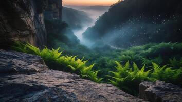Mountain Cliff with Ferns and Fog Landscape photo