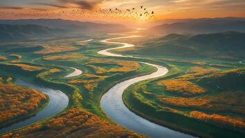 Winding River Flows Through Grassy Hills at Sunset photo