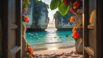 Tropical Beach View Through Open Door with Fish photo