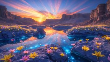 Glowing River Rocks and Desert Mountain Sunset Landscape photo