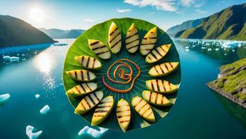 Grilled Pear Slices on Leaf with Mountain View photo