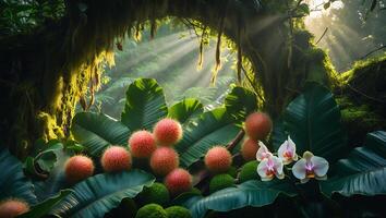 Rambutan Fruit in Tropical Forest with Orchids and Sun Rays photo