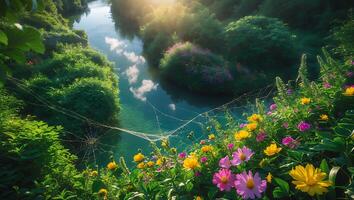 River with Flowers and Spiderweb in Natural Light photo