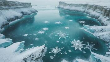 Snowflake Covered Turquoise Lake Among Snowy Cliffs photo