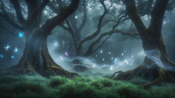 Mystical Forest with Butterflies and Ethereal Light photo