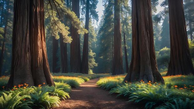 Sequoia Forest Path with Wildflowers and Fern photo