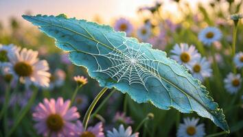 Leaf with Spiderweb in Field of Daisies at Sunrise photo