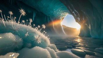 Ice Cave with Sunlight and Frozen Flowers Landscape photo