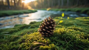 Pinecone on Moss by River at Sunrise photo