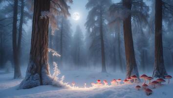 Snowy Forest with Red Mushrooms and Full Moon photo