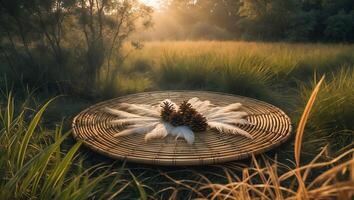 Feathers and Pine Cones on a Woven Mat in Nature photo