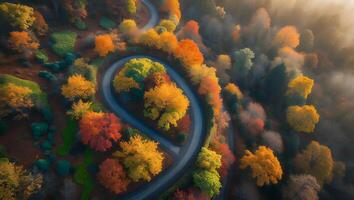 Aerial View of Curvy Road Through Colorful Autumn Forest Landscape photo