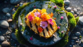 Grilled Pineapple with Edible Flower on Stone photo