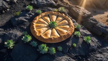 Large Pie Sits Among Succulent Plants and Rocks photo