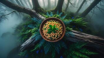 Chickpea with Mint on Wooden Bowl in Forest photo