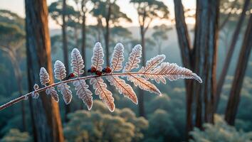 Ladybug on Frozen Fern in Forest photo