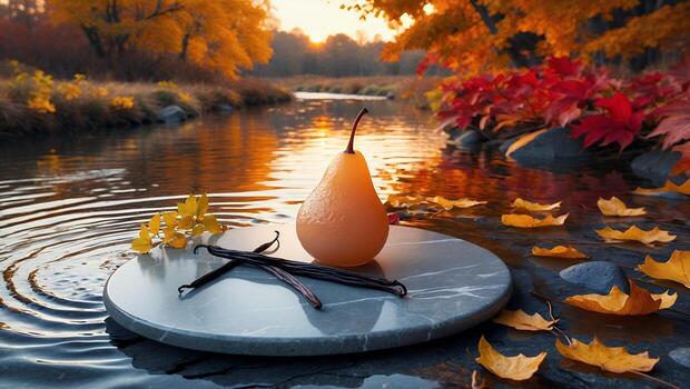 Pear Vanilla Bean on Marble Slab by River in Autumn photo
