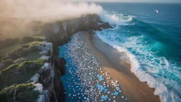 Ocean Wave at Sandy Beach Near Cliff with Seagull Aerial View photo