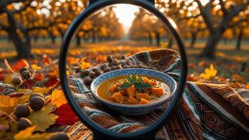 Pumpkin Soup with Leaves on Blanket in Orchard photo