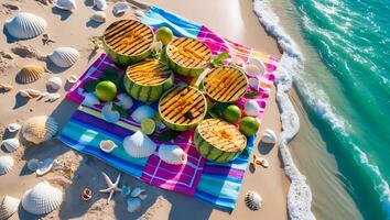 Grilled Watermelon Halves on Beach Blanket with Limes photo