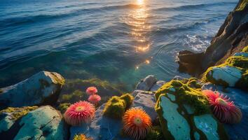 Sea Anemone on Rock with Ocean View at Sunset photo