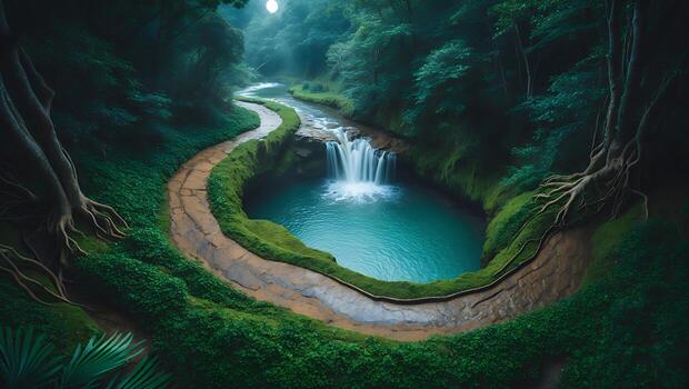 Waterfall in Lush Green Forest with Pond and Pathway photo