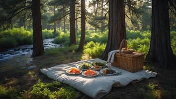 Forest Picnic with Food and Basket by River photo