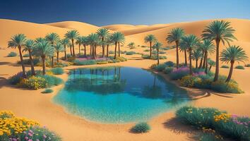 Desert Oasis with Palm Trees and Clear Water in Warm Setting photo