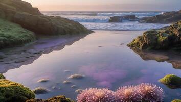 Coastal Tide Pool with Sea Anemones and Mossy Rocks photo