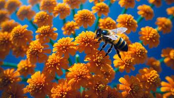 Bee on Orange Flower Gathering Pollen in Bright Sunlight photo