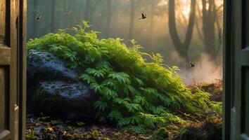 Lush Greenery on Rock in Misty Forest Viewed Through Open Door photo