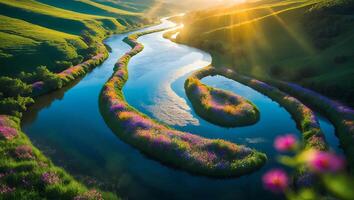 River Winding Through Green Hills with Vibrant Wildflowers photo