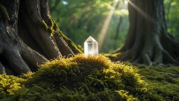 Crystal Point on Moss in Forest with Sun Rays photo