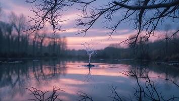 Water Droplet in Calm Lake Reflecting Pink Sky photo