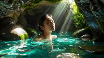 Woman Bathing in Natural Pool with Fish photo