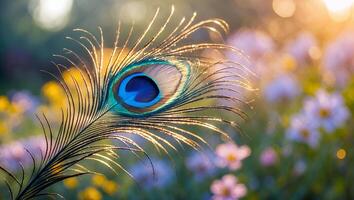 Peacock Feather in Flower Field with Sunlight photo
