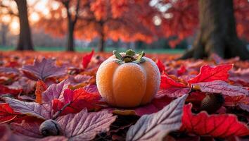 Persimmon on Autumn Leaves photo