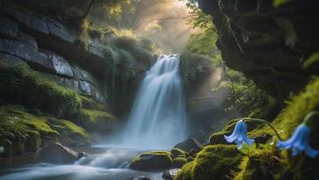 Waterfall Scene with Mossy Rocks, Blue Flowers and Sunlight photo