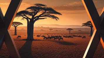 Savanna Landscape with Trees and Animals at Sunset photo