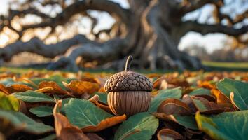 Acorn on Leaves with Tree in Background photo