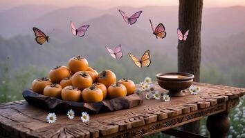 Persimmons and Butterflies on Wooden Table with Mountain View photo