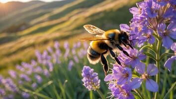 Bee on Flower with Mountain Scenery photo
