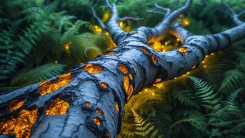 Glowing Tree Trunk in Lush Fern Forest photo