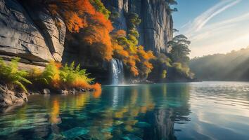 Scenic Waterfall Landscape with Autumn Trees and Turquoise Water photo