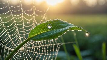 Dew Drop on Leaf and Spider Web at Sunrise photo