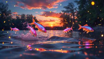 Fish Jumping Water Lake Sunset Colorful Scene photo