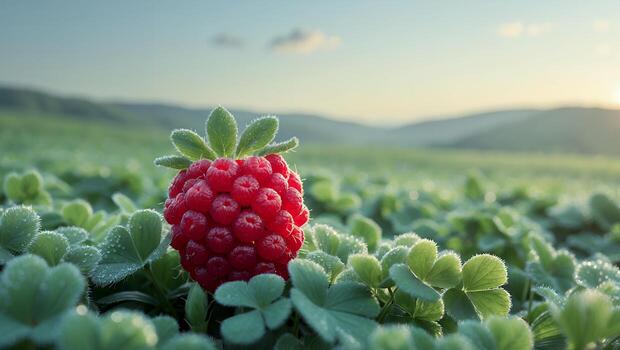único frambuesa crece en campo foto