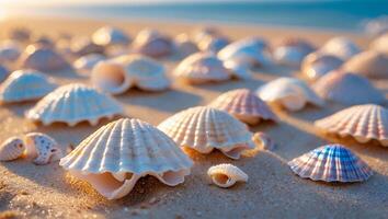 Seashells on Sandy Beach During Sunset photo