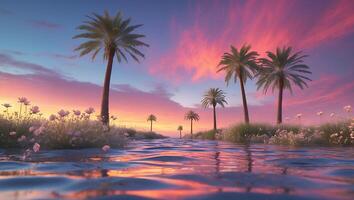 Palm Trees at Sunset with Flowers Near Water photo